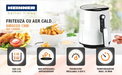 Friteuza fara ulei Heinner AirFryer HAF-1300WH, 1300 W, 2.6 l, Timer, Alb centru