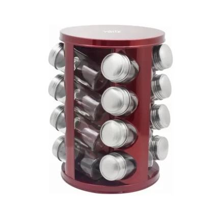 Set 16 recipiente pentru condimente Voltz V5-1217-A16, suport rotativ inox, Rosu Lucios