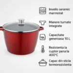 Oala din aluminiu Grunberg GR1607, invelis ceramic marmorat, capac sticla , 28 cm , 10 l - imagine 3