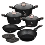 Set vase pentru gatit Berlinger Haus BH-8168N, 10 piese, interior marmorat, compatibil inductie, negru