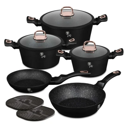 Set vase pentru gatit Berlinger Haus BH-8168N, 10 piese, interior marmorat, compatibil inductie, negru
