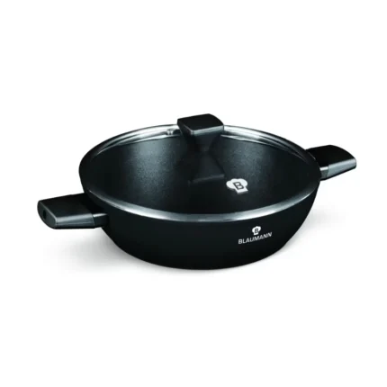 Cratita joasa aluminiu cu interior marmorat Blaumann BL-3999, 28x7 cm, 3.5 L, capac sticla, negru mat