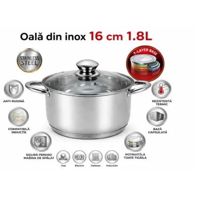 Cratita inox cu capac Swiss Z Line ZSC 1216 1.8 litri 16 cm manere inox 2