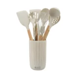 Set ustensile de bucatarie din silicon Goldmann GM-7678-10BE, 10 piese, maner din lemn, suport inclus, bej