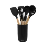 Set ustensile de bucatarie din silicon Goldmann GM-7678-10BL, 10 piese, maner din lemn, suport inclus, negru