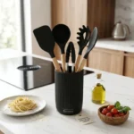 Set ustensile de bucatarie din silicon Goldmann GM-7678-10BL, 10 piese, maner din lemn, suport inclus, negru - imagine 2