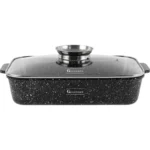 Tava aluminiu cu interior marmorat Goldmann GM-1936, 36x25x7.5 cm, 5.6 L, capac sticla, negru